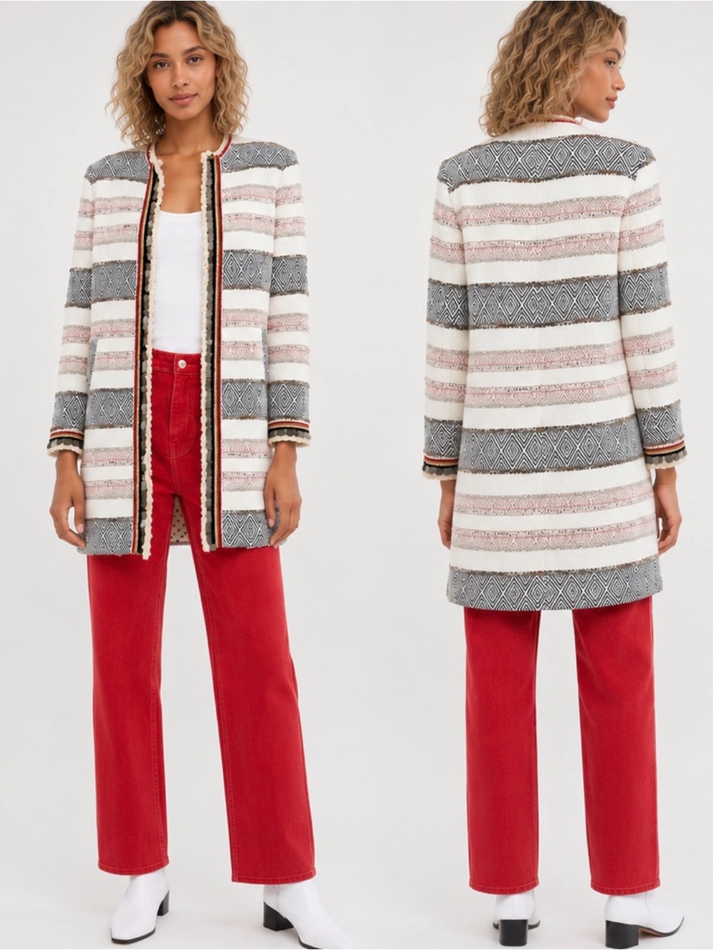 ZARA - women’s Beaded Sequins Tweed Open  front blazer Jacket cream stripe SZ S